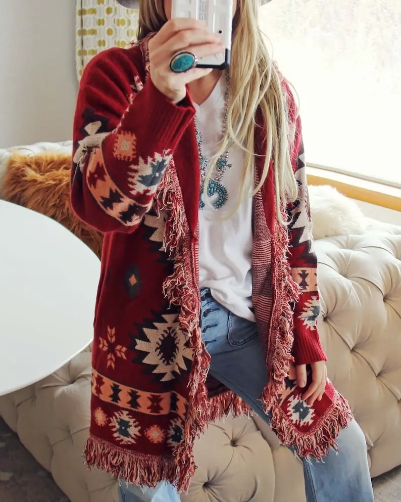 New Western Aztec Fringe Blanket 70's Vintage Native Inspired Cowichan Sweater Coat Jacket