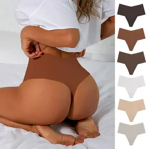 Women's High Waist Seamless Ice Silk Thongs – T-Shaped Cotton Crotch Underwear.