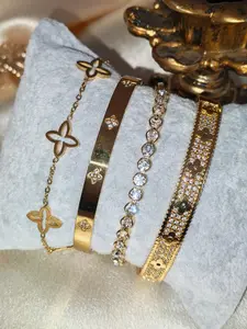 Women's Clove & Hexagram Clasp Bracelet Set, Pairing Elegance Cz Copper & Alloy Diamonds, Ideal for Everyday Use & Festive Gifts