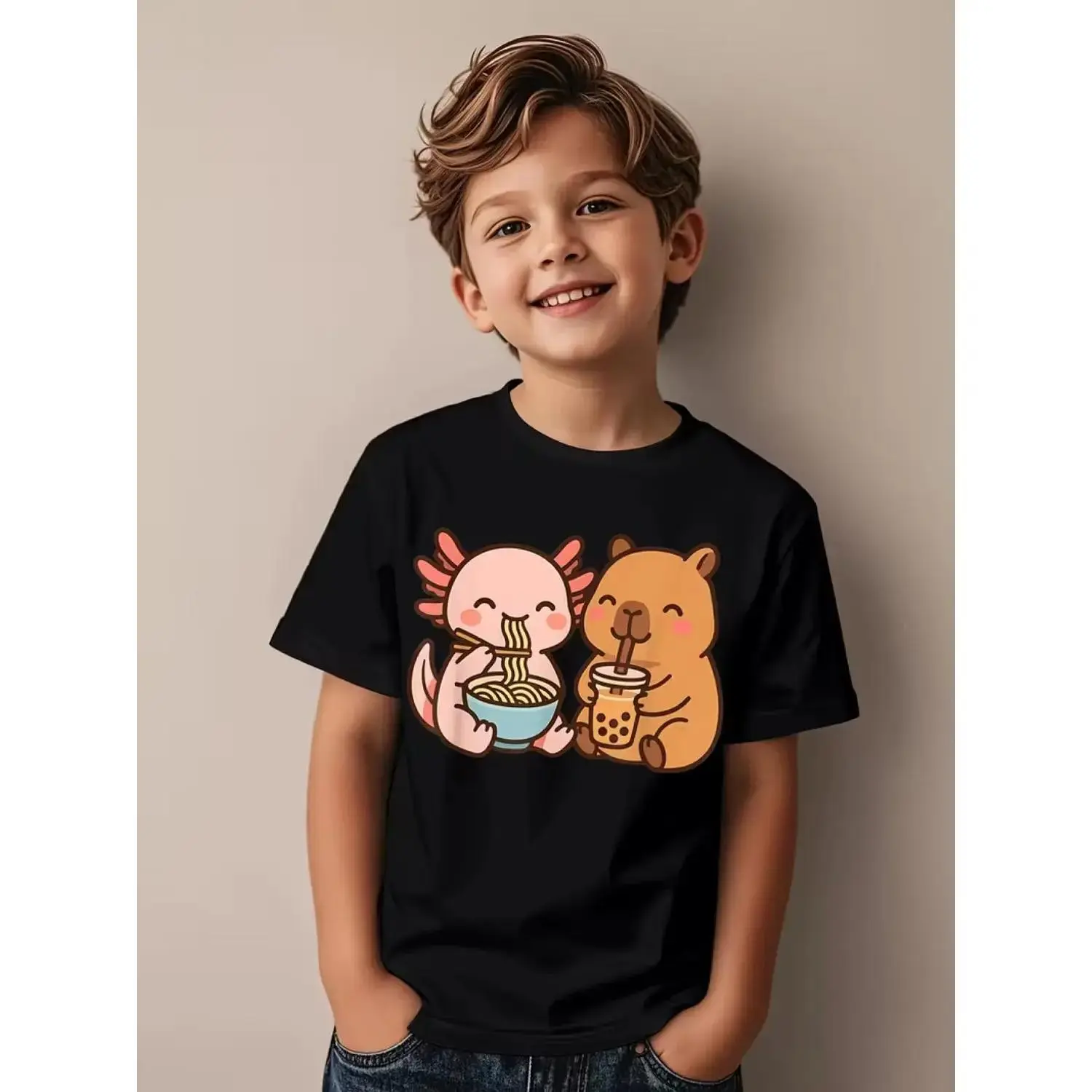 Adorable Anime Mashup TShirt Featuring Capybara Axolotl Boba and Ramen Trendy Casual Short Sleeve Round Neck Perfect for Kids Who Love Cute Prints