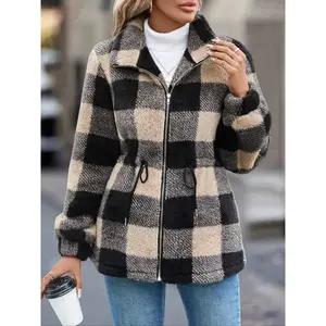 Women’s Thick Plush Coat for Autumn/Winter, Long Sleeves, Tartan Collar, Zip Pockets — Stylish Outerwear