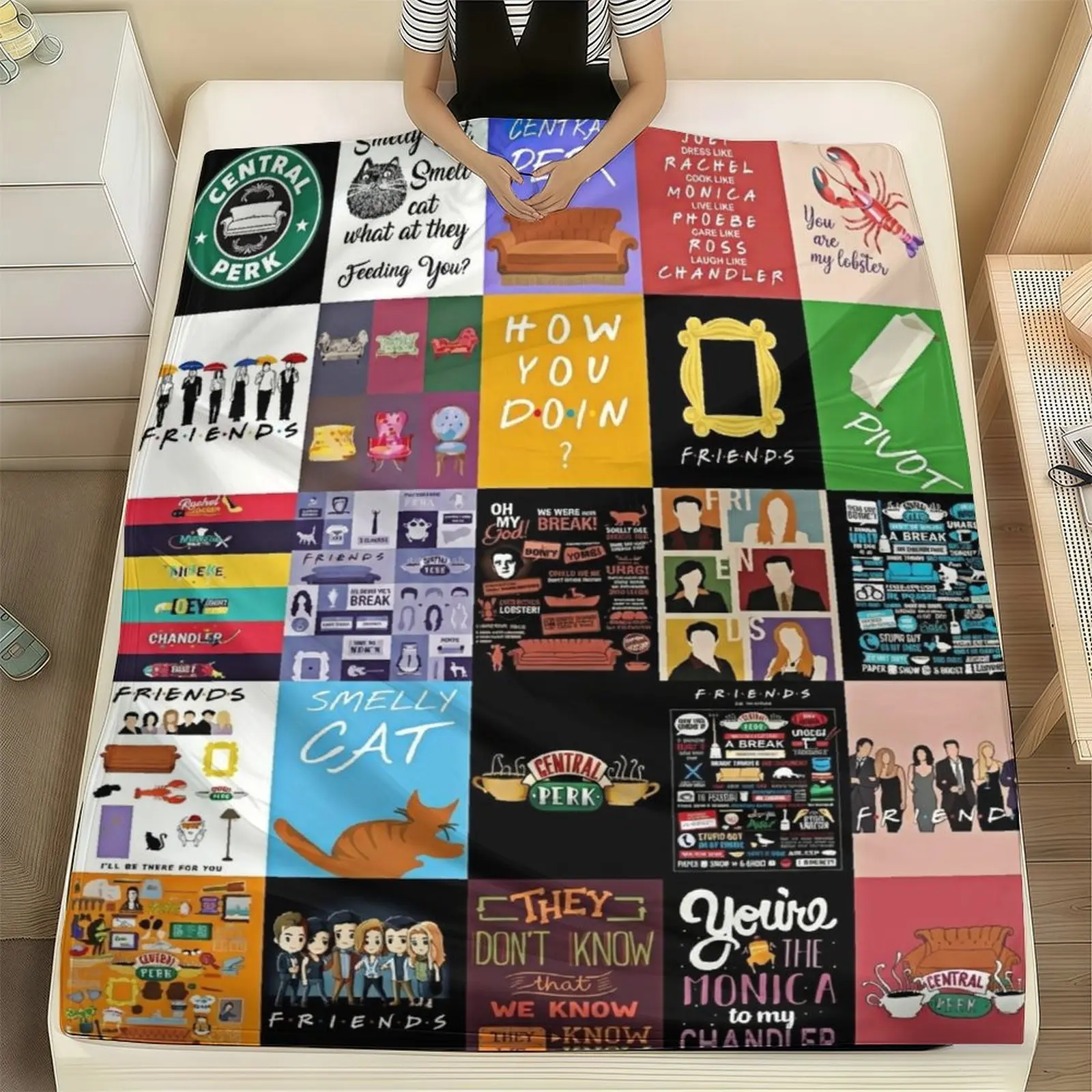 Friends TV Show Flannel Blanket , You're My Lobster Smelly Cat Pivot Quotes Print Central Perk Funny 90s Sitcom Aesthetic Soft Warm Throw Perfect for Sofa, Bed, Office and Outdoor Use Dorm Gift for Best Friend