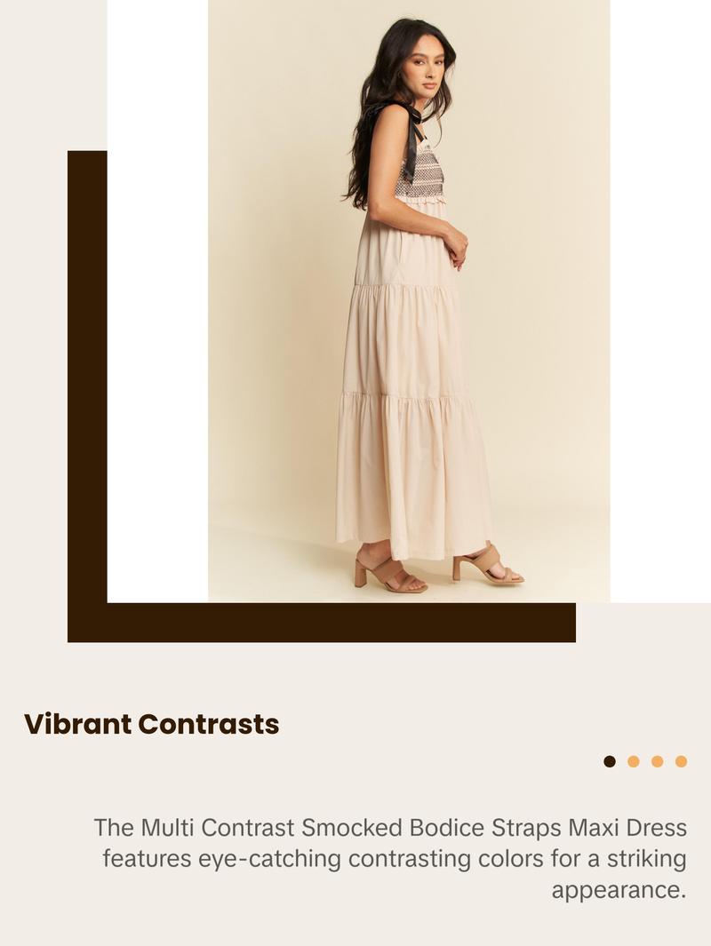 Davi & Dani Multi Contrast Smocked Bodice Straps Maxi Dress