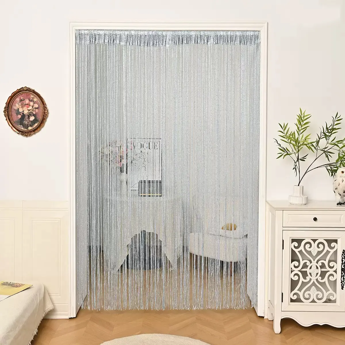 1 Piece Tassel Design Curtain, Glitter Silver Wire Partition Curtain, Decorative Door Curtain for Home Living Room Bedroom, Home Decoration Curtain, Door Shade