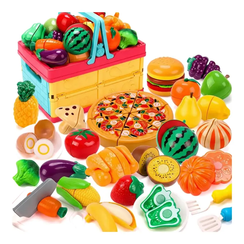 70PCS Kids Play Kitchen Cutting Food Set, Pretend Fruits & Vegetables + Pizza, Storage Basket, Knife & Cutting Board