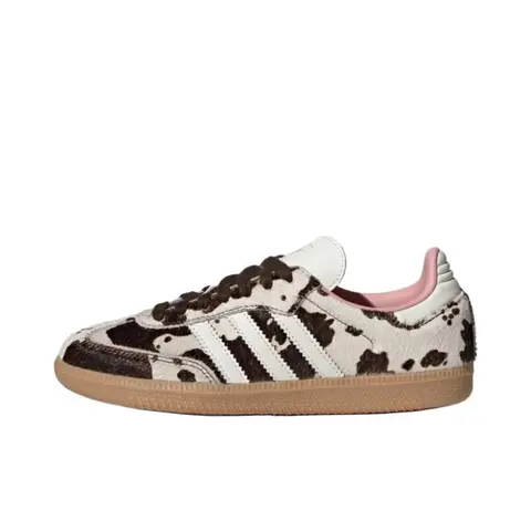 Adidas Women's Samba OG Bold Animal Print Casual Sneakers - Size 40, White Vegan Luxe Leather Overlay, Dark Brown Faux Cowhide, Gum Sole, Low Profile, Clean Stitching, Women's Streetwear, Street-to-Casual Style, Walking Shoes, Sporty Chic