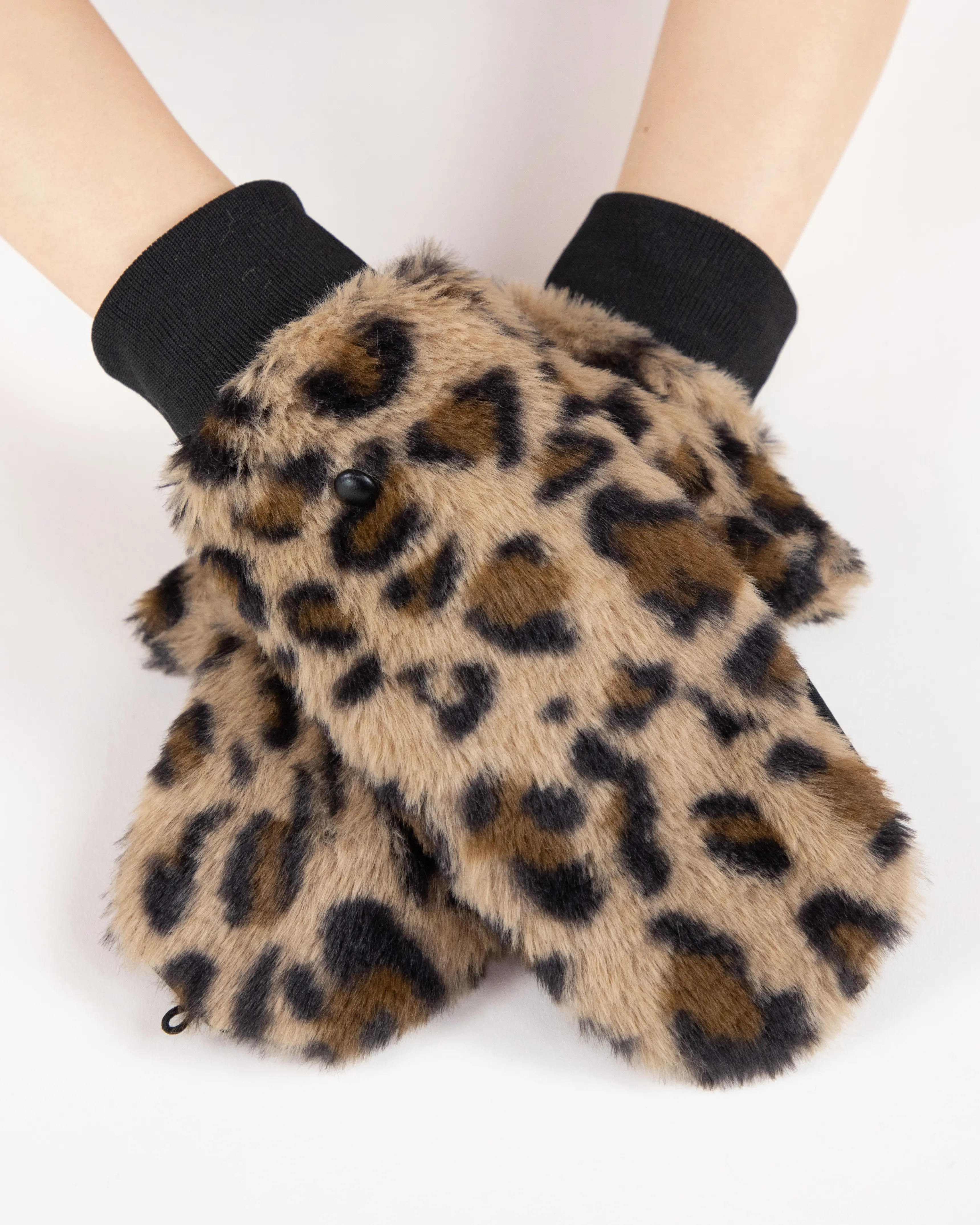 Women's Fluffy Leopard Faux Fur Convertible Mittens, Acrylic Material, Stylish Design for Winter Use