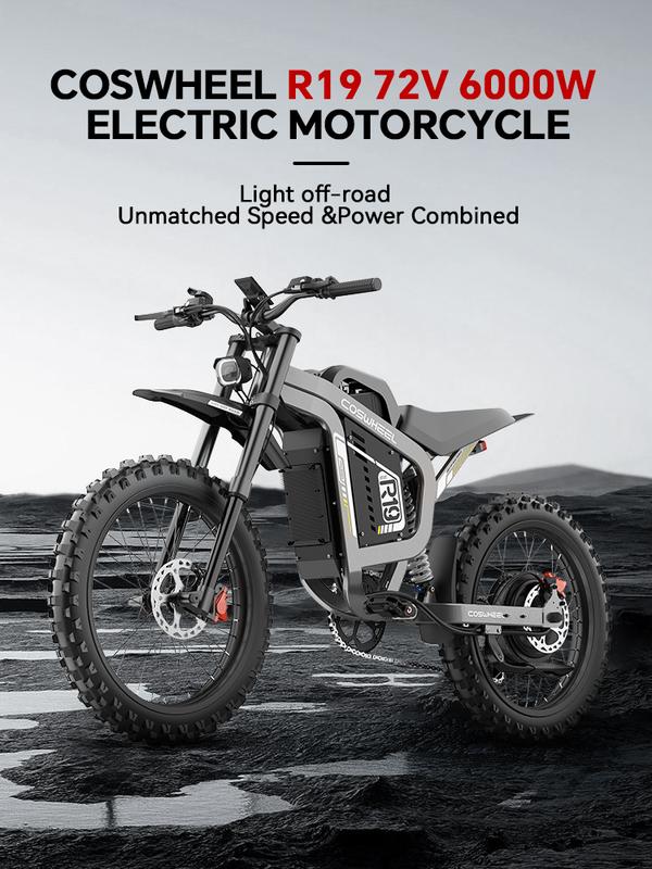 COSWHEEL R19 Adult Electric Bike 6000W 72V 40AH 19 Inch Tires 50MPH 125 Miles Range, frenos de disco hidráulicos duales, suspensión completa,Off-Road Electric Bike for Teenagers Snow Mountain.