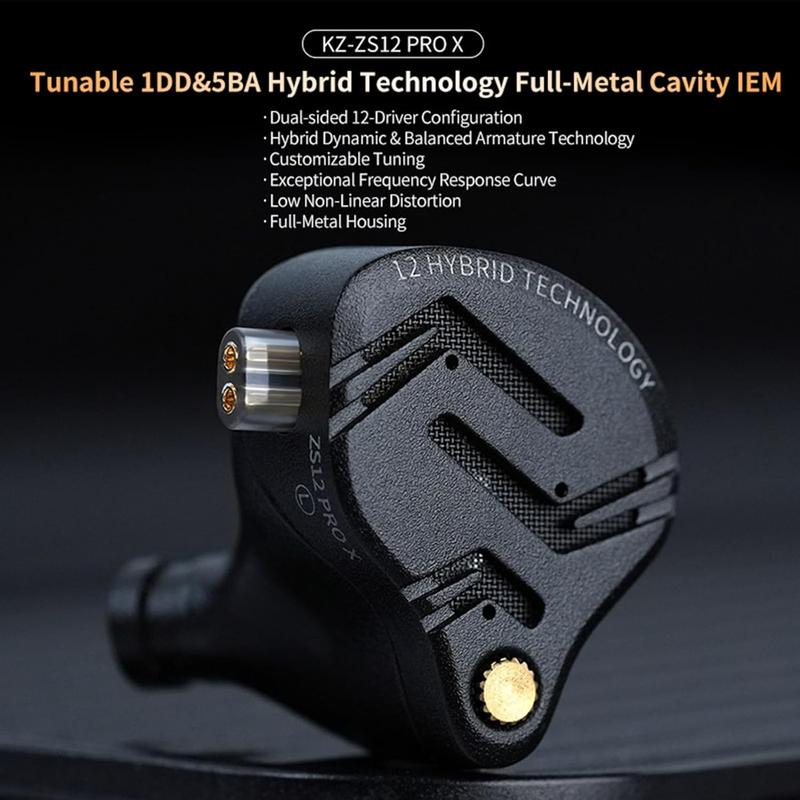 in Ear  IEM Headphones,KZ ZS12 PRO X 1DD+5BA Hybrid Wired Gaming Earbuds,KZ Earbuds Earphones, in Ear Headphones with 2PIN  for Audiophile (Dark Black,Tunable Version, NO Microphone)