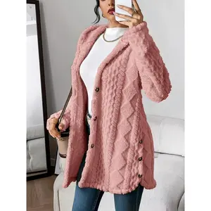 [holiday gifts][christmas gift] Cozy Winter Cardigan MM336473 Warm & Cozy Women's Plush Argyle-Patterned Hooded Longline Loose Fit Open Front Long Sleeve Coat with Side Slit Hem Machine Washable Casual Outerwear for Fall & Winter Womenswear
