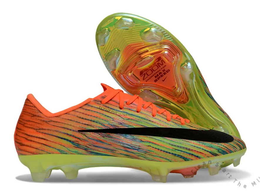 Black Long Strip Accent Rainbow Gradient Stretch Knit Low Top Firm Ground Soccer Cleats, Iridescent Clear Cushion Stud Outsole Unisex Pro Footwear For Artificial Grass Match Training
