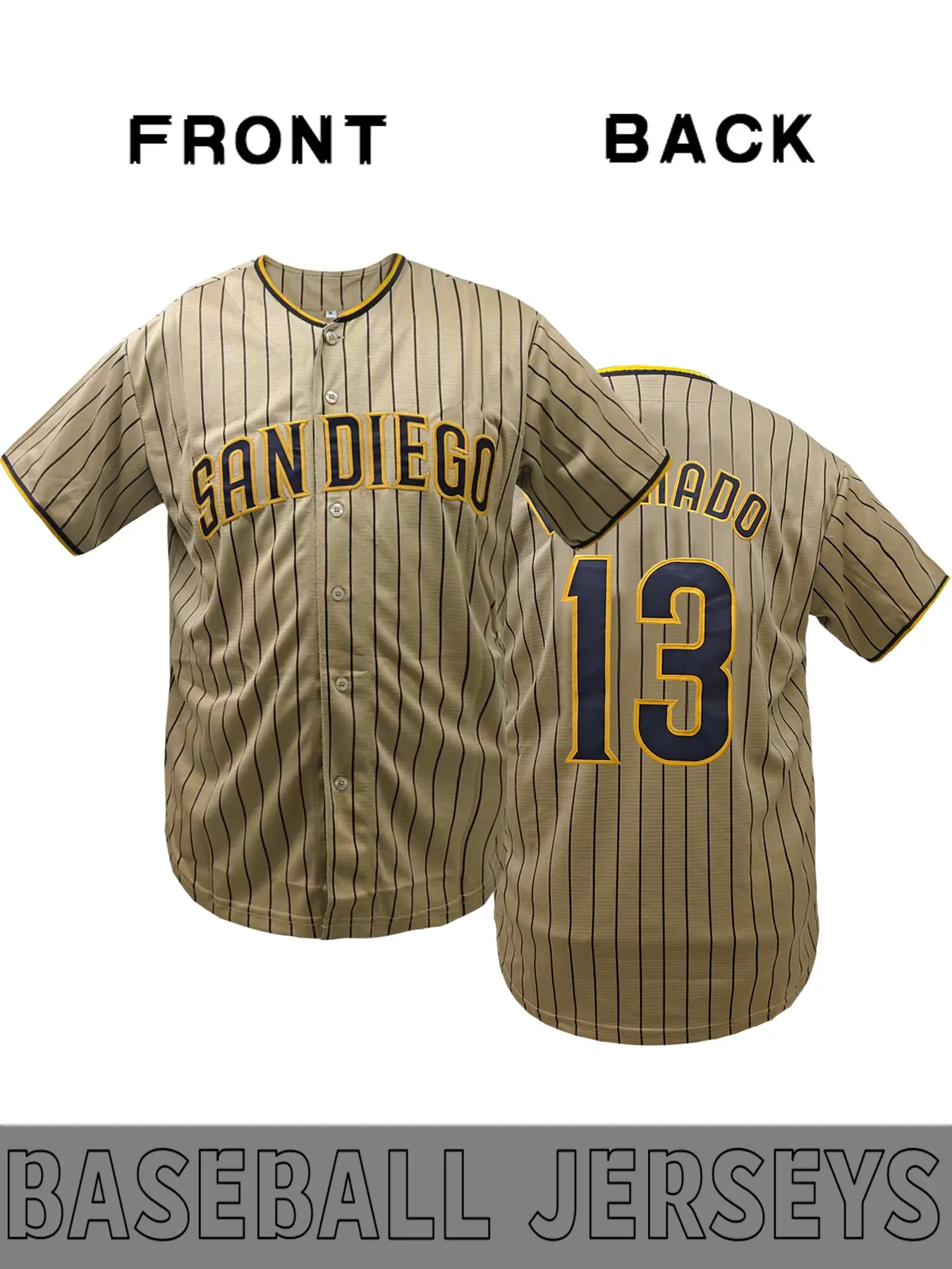 Men's #13 #23 Brown Striped Baseball Shirt, Embroidered with San Diego Alphabet Design Style, Breathable V-neck Short Sleeve Cardigan Top, Sportswear Suitable for Training and Daily Leisure 1 piece Athletic Workout Tops