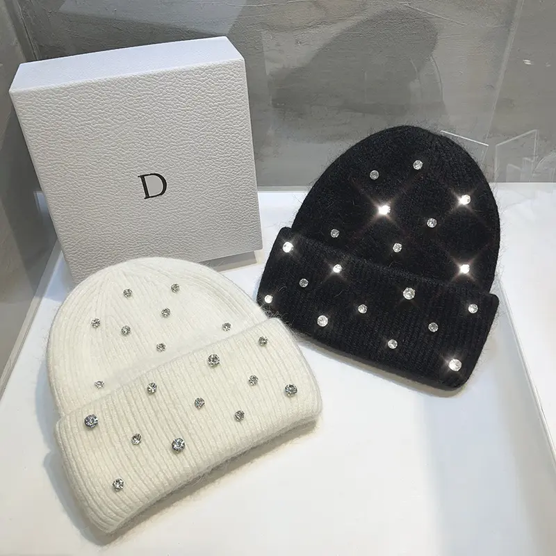 Women's Luxury Rhinestone Beads Knitted Skull Cap - Korean Style, Rabbit Fur Wool, Thick Warm Winter Fashion Beanie Bonnet, Skull Caps