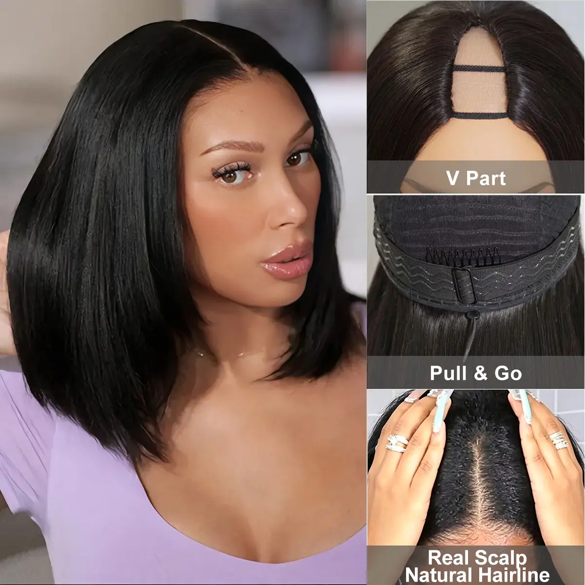 Mscoco V Part Yaki Straight Bob Wig Glueless Budget Friendly Summer Wig 180 250 High Density V Part Human Hair Wig Edges Protective Natural Scalp Frontal Lace Wigs #Summersale