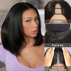 Mscoco V Part Yaki Straight Bob Wig 180 250 High Density V Part Human Hair Wig Edges Protective Natural Scalp #summervibes