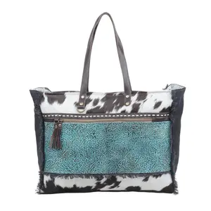 Myra Sea Grass Hair-On Leather Tote - Spacious Cowhide Bag with Embossed Front Pocket for Everyday Elegance