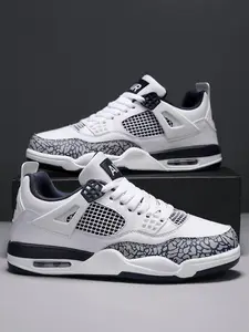Men's Retro Basketball Inspired Sneakers, Air Cushion Sports Shoes, Breathable Mesh & Leather Upper, Print Detailing, Casual Streetwear Shoes for Training & Daily Wear