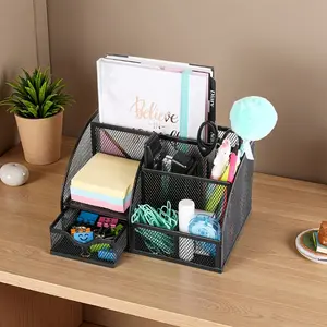 1 heavy-duty metal mesh tabletop storage box with drawers and 6 compartments of storage - Black modern office storage box with open mesh tray and spacious drawers for home, school, workshop, kitchen - Rugged A-frame design, space-saving pen, paper