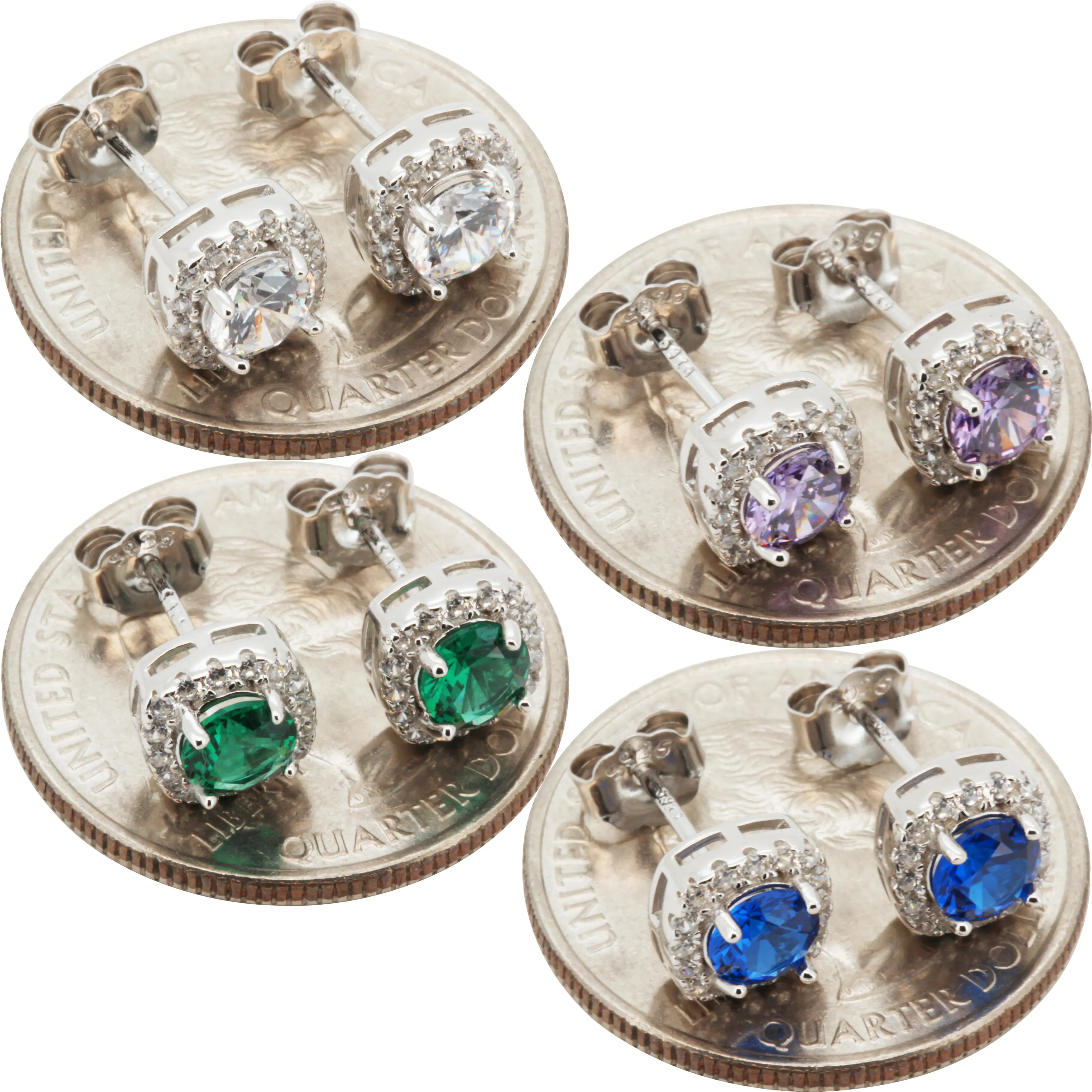 925 Sterling Silver 14k Gold Vermeil AAA Cubic Zirconia 7.5mm Cushion Halo Birthstone Push Back Stud Earrings