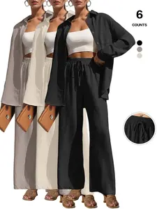 2026 Women's 2-Piece, Casual Lounge Set, Long Sleeve Button Down Shirt & Wide Leg Pants, Loose-Fit, All Seasons, Womenswear