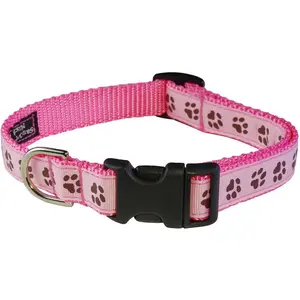 Adjustable Small Pink/Brown Puppy Paws Dog Collar - USA Made.