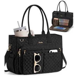 Teacher Tote Bag for Women,15.6 inch Laptop Work Tote Bags with 40oz Cup Holder, Waterproof Quilted Utility,Multiple Pockets,Shoulder Crossbody Tote Handbags for Women Work,Daily,Travel,Gym,School College