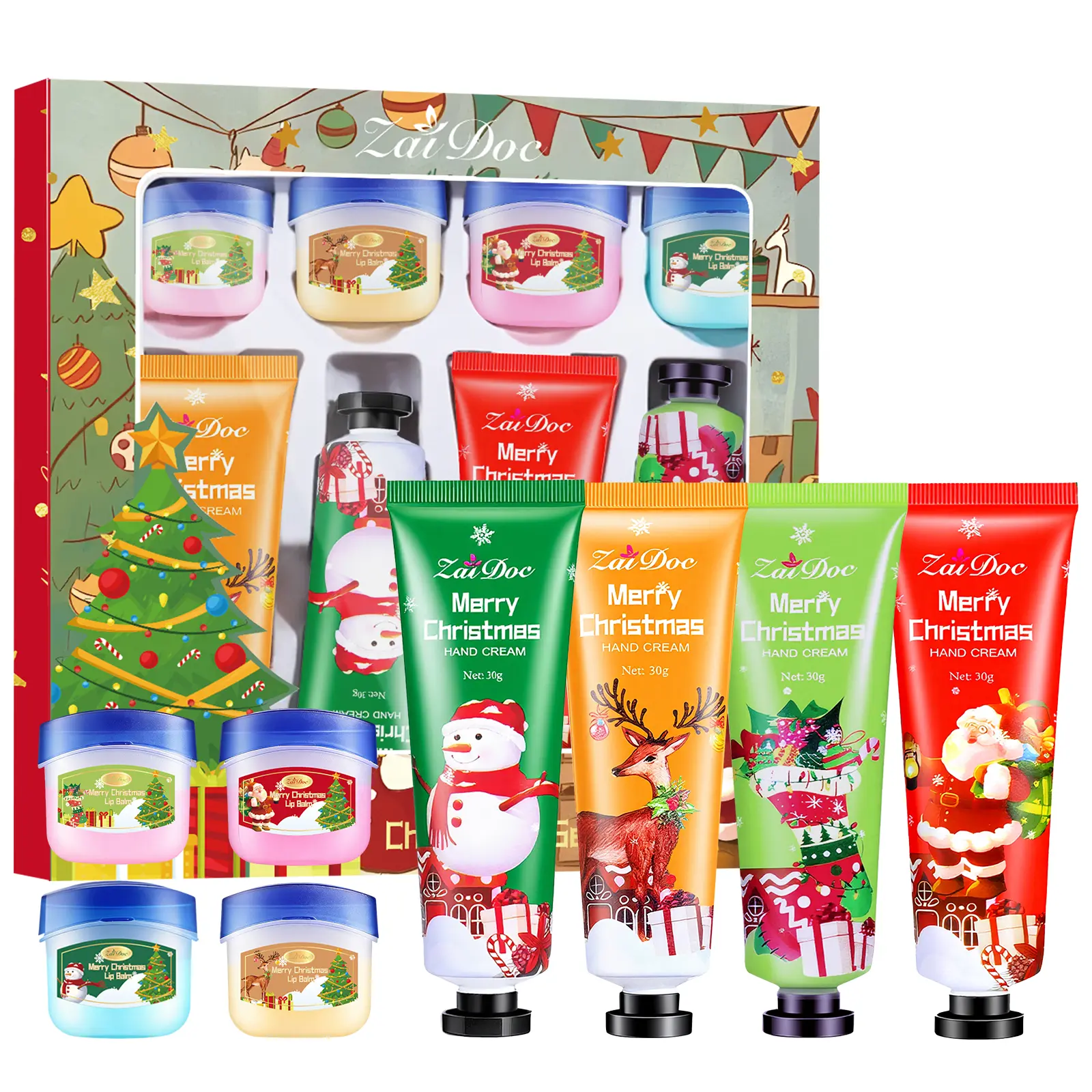 8-Piece Christmas Lip & Hand Cream Gift Set with Hyaluronan, Scented Holiday Aroma to Moisturize and Hydrate Dry Skin, 30g