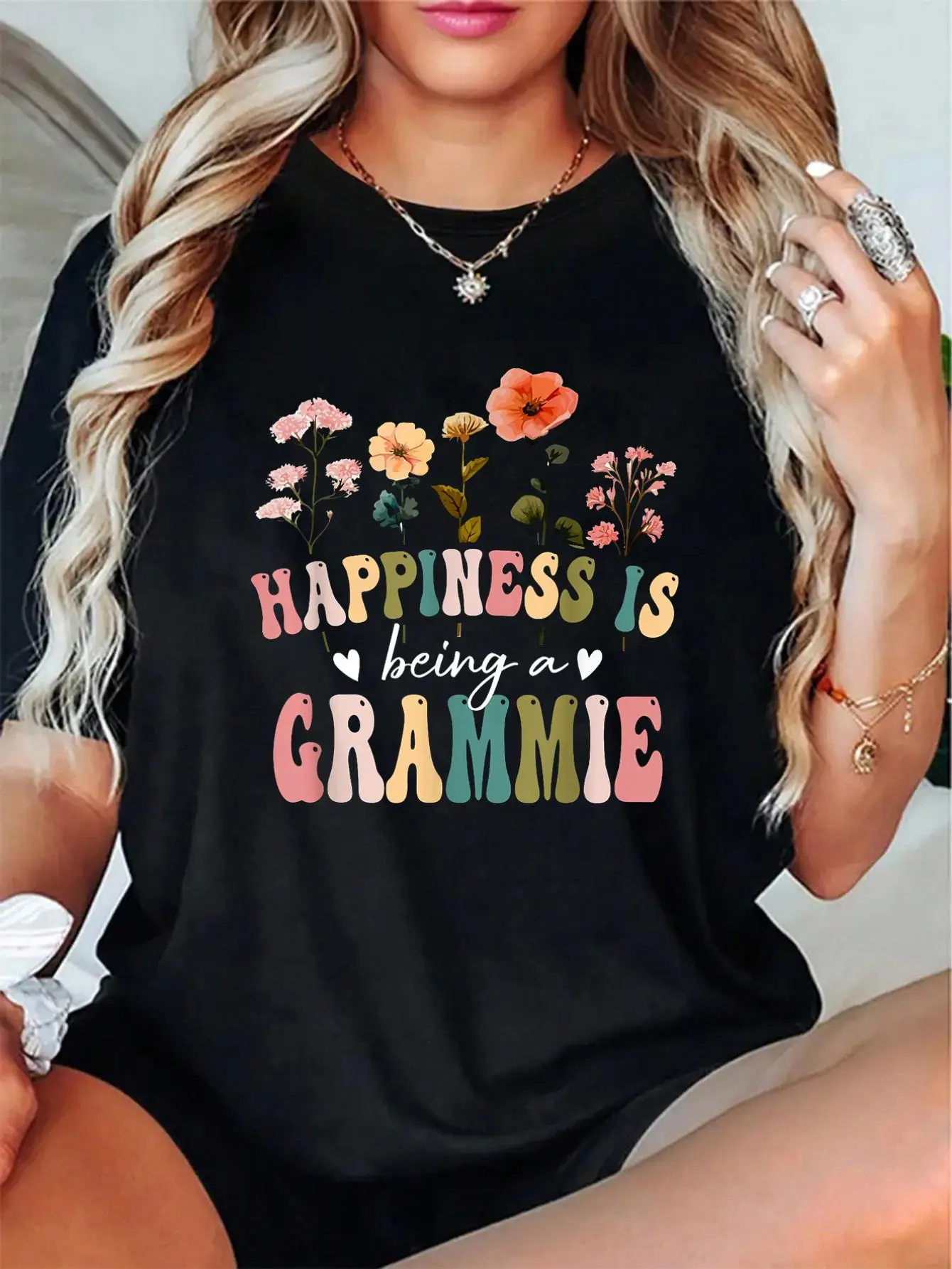 Women's 100% Cotton Shortleeve Casual Printed T-Shirt - Unisex Grammie Themed, Floral Happiness Motif, Maple Leaf-Pumpkin Autumn Print for Mother's Day Thanksgiving Halloween Everyday Wear, Shortsleeve, Fabric, Piece, Round Neck, Simple, Soft