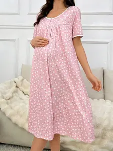 Maternity Ditsy Floral Loose Short Sleeve Nightgown Pastoral Style Multicolor Geometric Plants All Over Print Scoop Neck Knitted Fabric