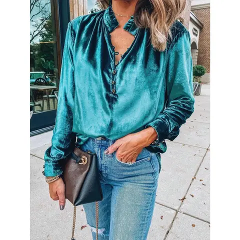 Women's Soft Long-Sleeve Velvet Blouse - Casual Dressy Elegant Everyday Shirts, Chic Ruffle Collar Minimalist Top, Comfortable Office & Spring Wear