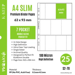 [A4 Slim] - 7 Pocket Slim (63x93mm)- 11 Holes Premium Binder Pages, 100 Micron Thick, High Definition for OT7 Sets(Pack of 25) - (S2-70)