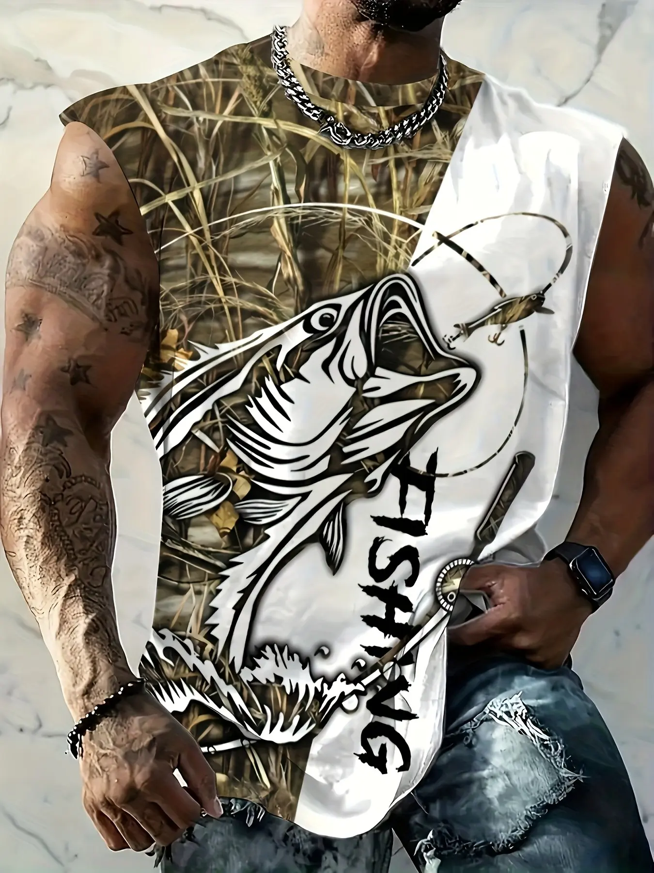 Cool Fish Pattern Sleeveless T-Shirt, Man Outdoor Fishing Fashion Choice, Durable Breathable, Loose, Show Personal Charm, Must-Have for Anglers