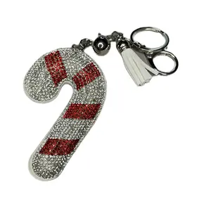 Festive Candycane Bag Charm or Keychain with Red and Silver Glitter Stripes and Tassel Accents