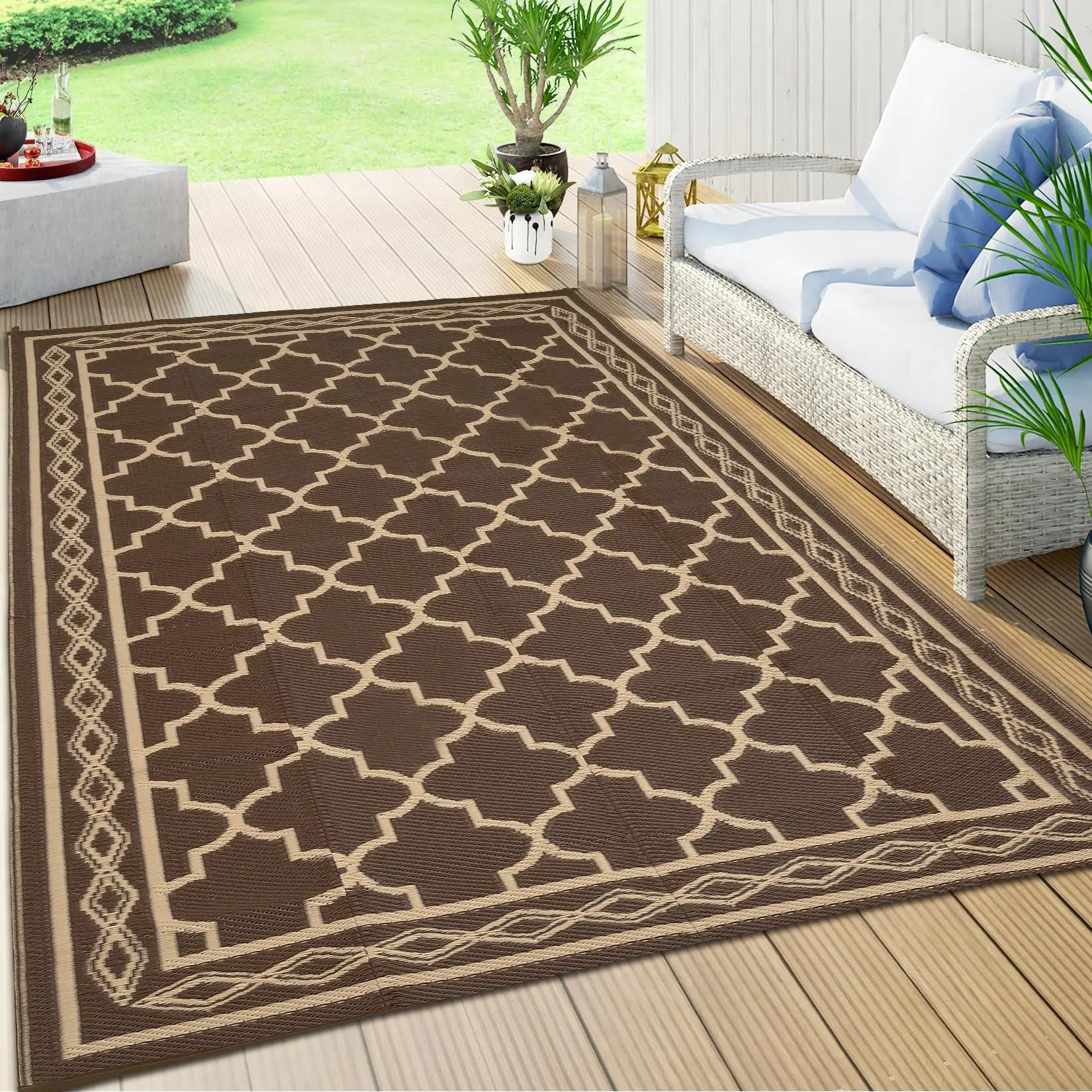 10x20ft Outdoor Patio Rug, Large Waterproof Reversible Carpet for Deck Backyard Balcony, Plastic Straw RV Camping Mat Easy Clean,Brown/Coffee