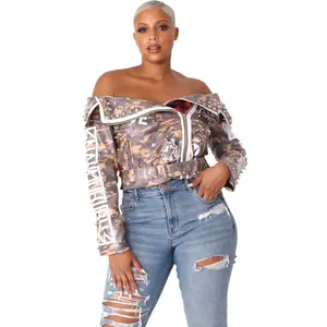 TALLY TAYLOR Leather Camo Jacket -81939 Faux Leather Off Shoulder Plaid Back Panel Patchwork Edgy On Trend Design Relaxed Fit Stylish Look
