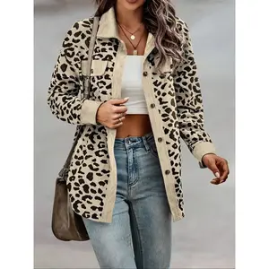 Women's leopard print button up front off shoulder shirt jacket, casual long sleeved collar pocket shirt, suitable for daily wear, all season women's clothingRAIMENTRY