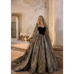Gothic Black Strapless Wedding Dress With Gold Glitters - Black Evening Dress Ball Gown Plus Size