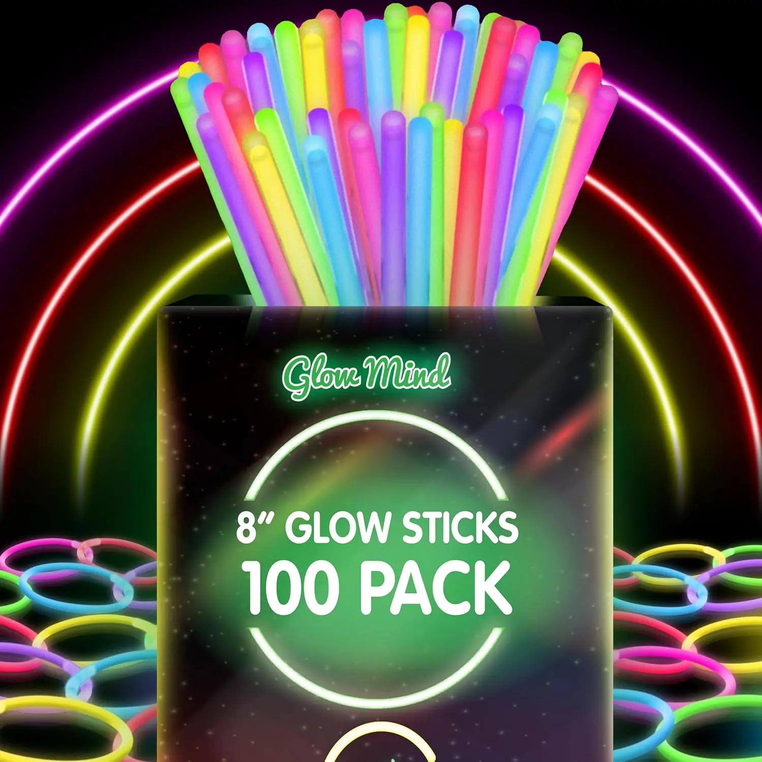 100 Count 8" Ultra Bright Glow Sticks Bulk Pack - Halloween Glow-in-the-Dark Supplies with Bracelet & Necklace Favors