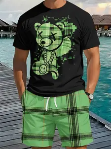 Cool plaid bear street-style 3D digital print two-piece set, fashionable trendy suit, retro casual two-piece outfit, holiday-style trendy wear, breathable sports casual style, perfect holiday gift for men