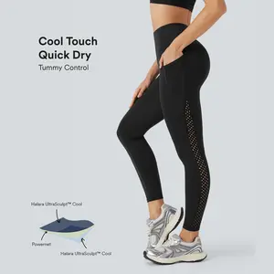 Halara UltraSculpt Cool Quick Dry High Waisted Tummy Control Ventilation Perforated Yoga Leggings with Pockets-UPF50+