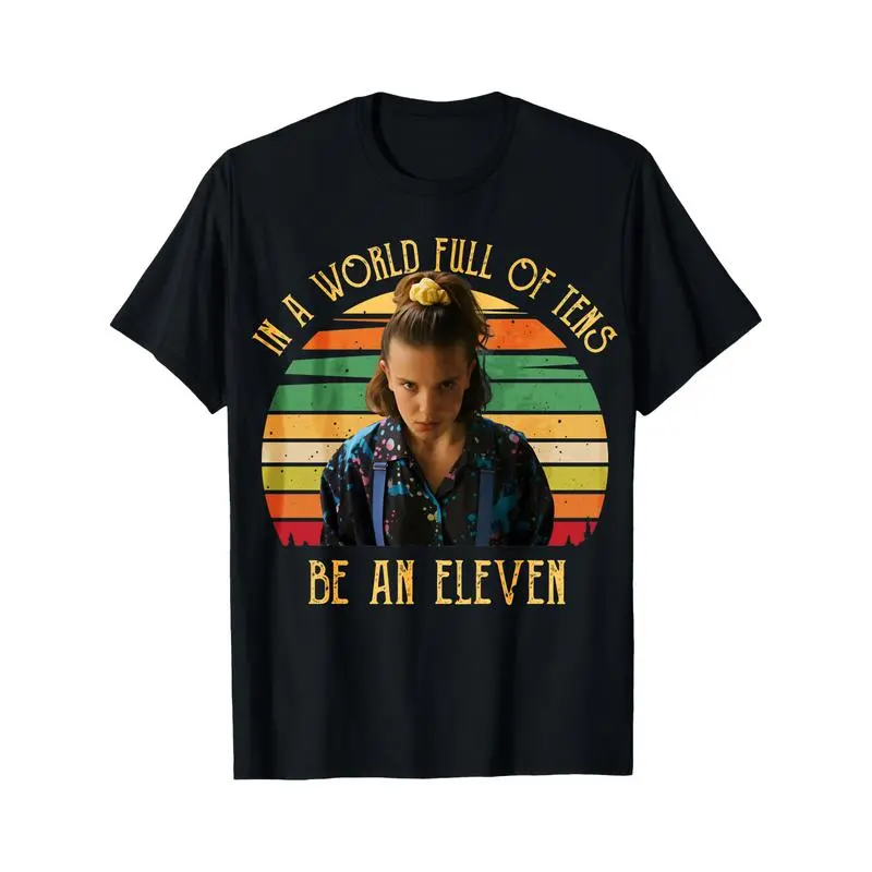 Women's Black Graphic T-Shirt with "Be An 11" Rainbow Print, Fitted Short Sleeve Round Neck Top, Casual Fan Streetwear for Summer, Women's Clothes