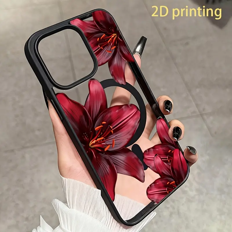 Phone Case - Phone Case: (2D Printing) Red Lily Flower Pattern Wireless Charging Magnetic Phone Case, suitable for Apple 17 16 15 14 13 12 11 17Air X Xsmax Pro Plus Promax and Samsung Galaxy S26 S25 S24 S23 S22 S21plus Ultra FE