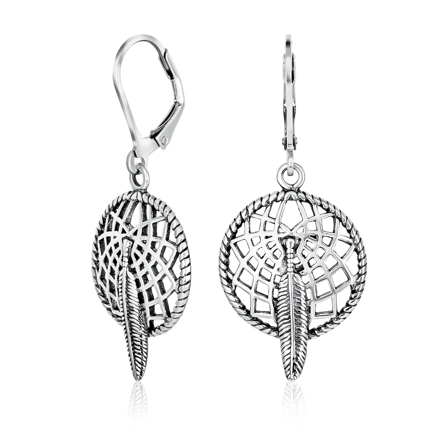 Native American Style Dream Catcher Feather Dangle Earrings Sterling Silver