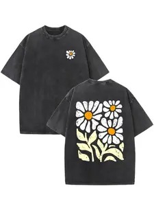 Men'S Vintage Wash Pattern Printed T-shirt - Floral Print Design, Vintage Wash Appearance, Round Neck Short Sleeve, 230g Washed Cotton, Summer Comfort Casual T-shirt, Regular Version, Machine Washable men  clothing Menswear Distressed