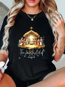 Best Ever Christmas Cool Jesus Nativity Scene Christian T-Shirt women's graphic tees fall shirts Casual All-Season Sportswear,Round Neck, Short Sleeve, Machine Washable