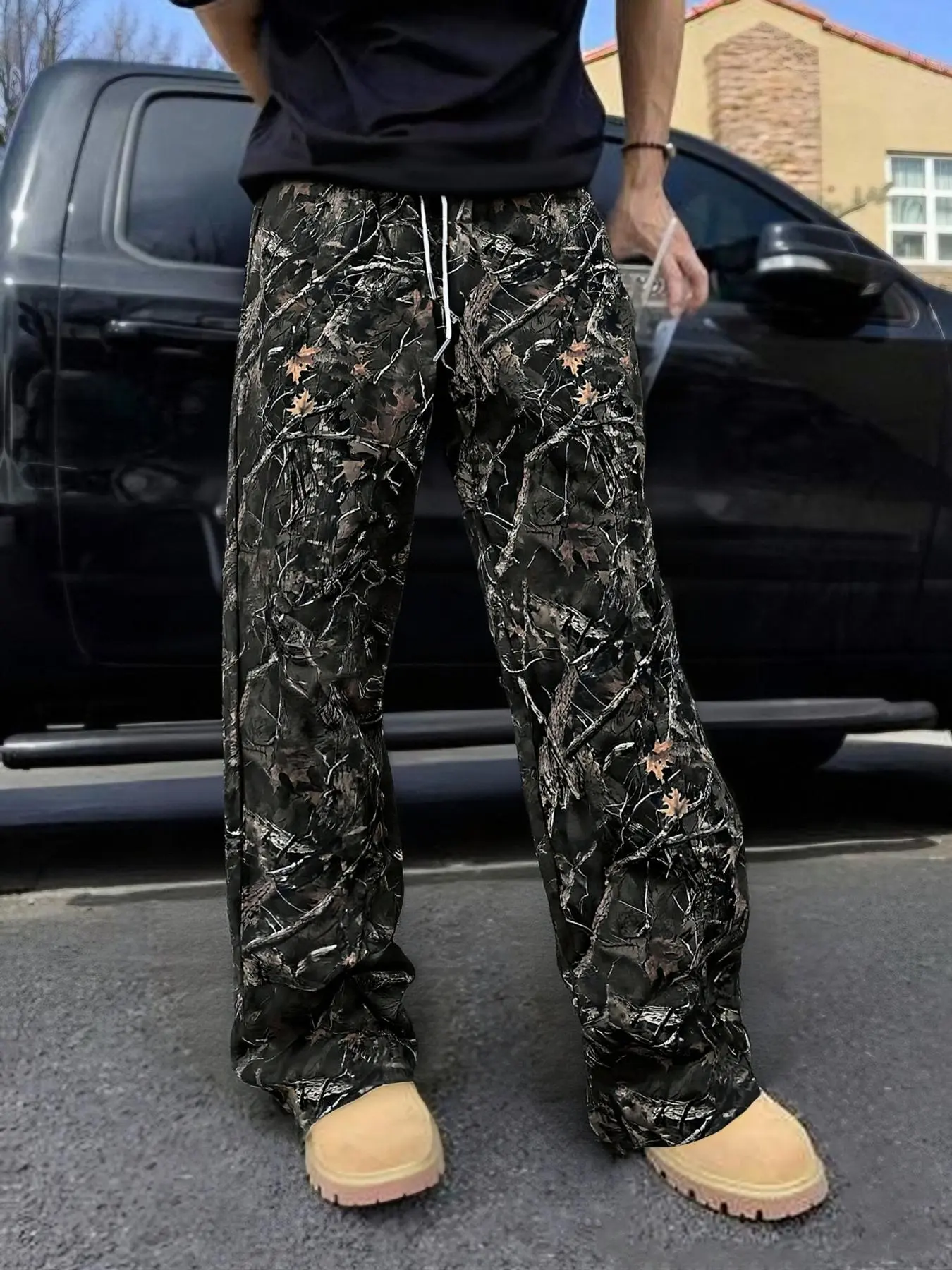 New Branch Pattern Print, Camouflage Sweatpants, Casual Sweatpants Style, Loose Straight Leg Pants, Drawstring Waist, Pockets, Casual Sport Long Pants for Outdoor Activities