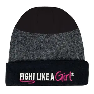 Fight Like a Girl Hybrid Cuffed Knit Beanie - Black/Black w/ Pink