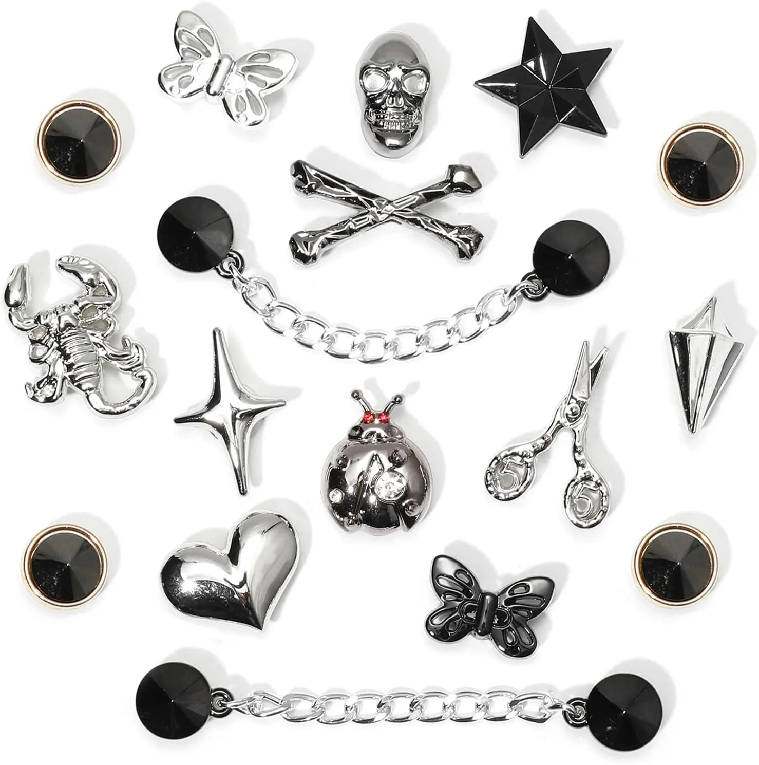 Goth Silver Shoe Charms Set, Y2K Punk Metallic Skull Butterfly Shoe Chains & Pins for Women