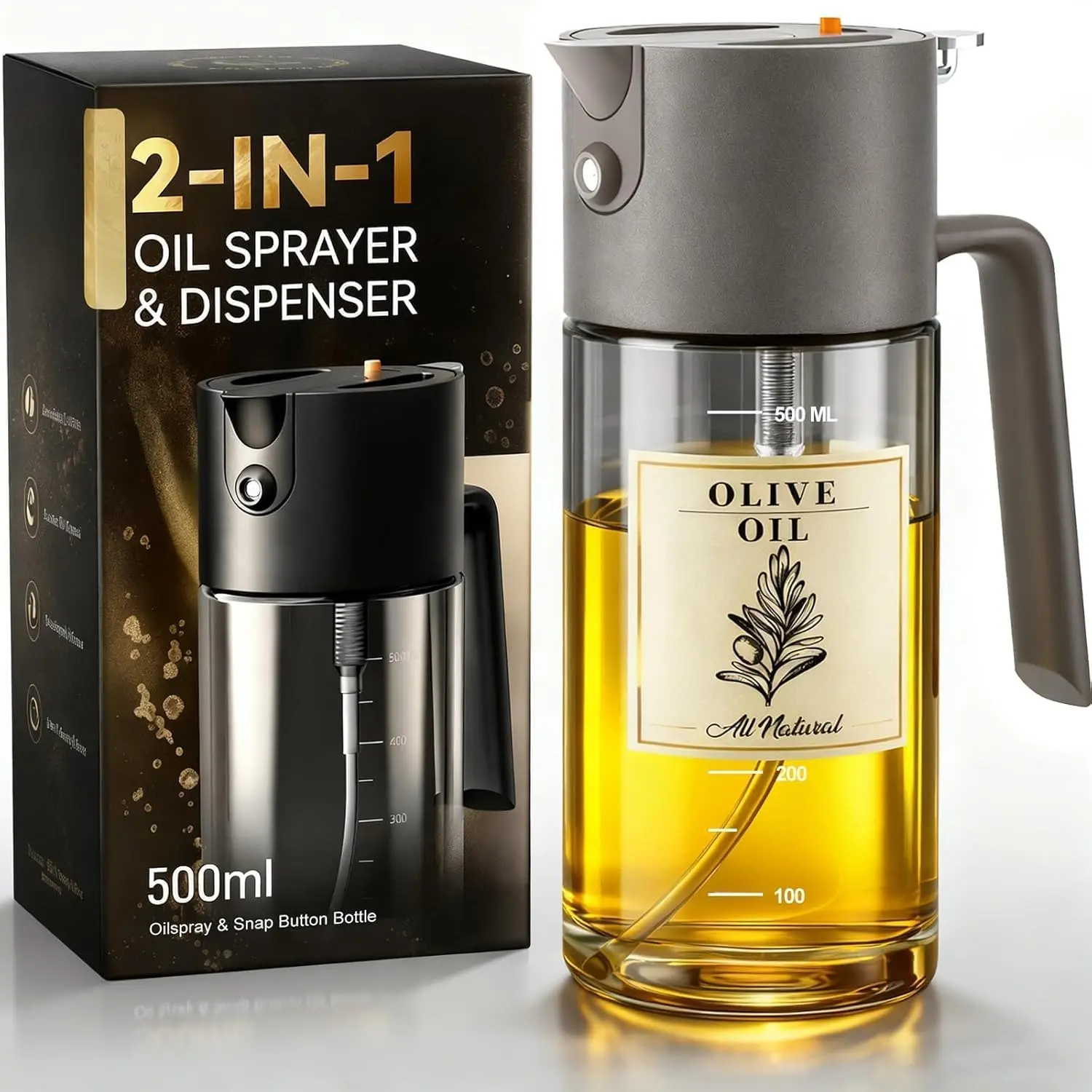 New Generation Glass Oil Sprayer 2-in-1 Kitchen Tool: Fine Mist, Stream & Pour | Leak-Proof Design for Air Fryer, BBQ & Cooking | BPA-Free，Food-Grade Oil Mister，Olive Oil Dispenser Bottle，Oil Control & Fat Reduction Nozzle