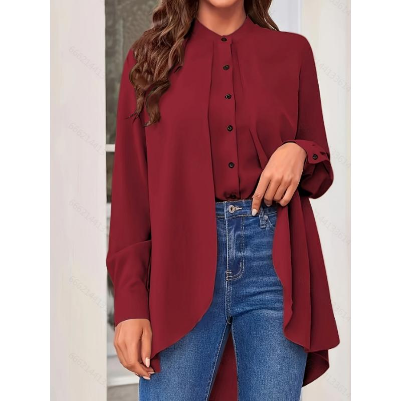 Women's Plus Size Olive Green Chiffon Blouse-Long Sleeve Button-Up Shirt with Stand Collar, Semi-Sheer Casual Top for Spring Summer Fall,Lightweight Breathable Office&Casual Attire, Sophisticated Casual Look, Elegant Texture,Spring Fa Polyester Womenswear